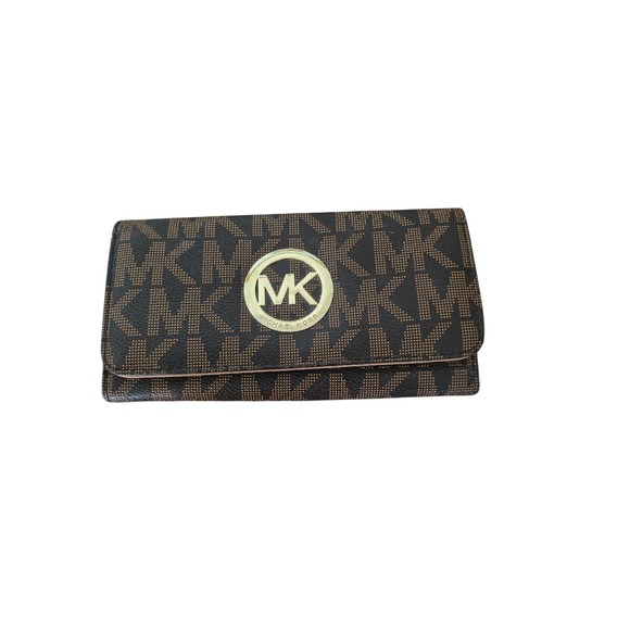 Michael Kors Handbags - Michael Kors Fulton Flap Continental Wallet Brown Monogram MK Logo Gold Hardware